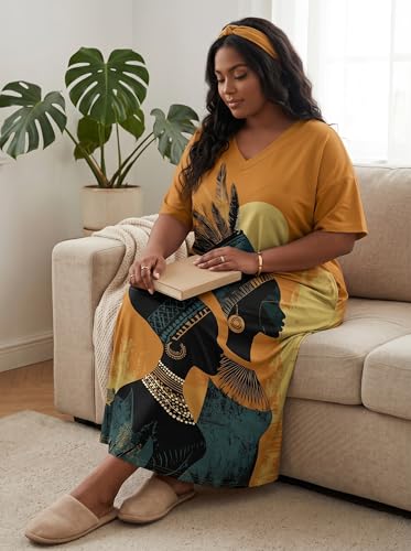 Image of Plus Size Maxi Dress for Women Short Sleeve V Neck Casual Loose Sundress with Pockets