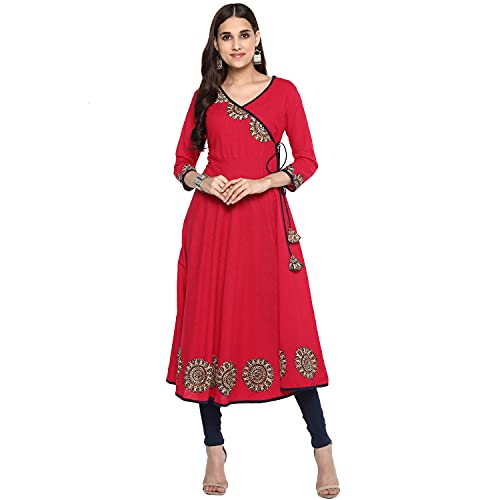 Yash Gallery Indian Tunic Tops Women s Cotton Slub Angrakha Style Anarkali Kurta (Pink, 5XL)