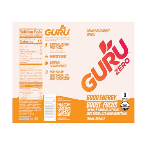 Image of GURU Zero Sugar Energy Drink,Orange Raspberry Sorbet Organic Sparkling Energy Drink with 140 MG Natural Caffeine & Coconut Water for Workouts, Performance & Midday Boost, Gluten Free, Vegan, 12 Fl Oz, 12 Pack