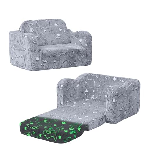 MeMoreCool Kids Couch, Fold Out Flip Out Sofa Chair with Blanket, Children Convertible Sofa to Lounger Pull Out Couch for Playroom, Foldable Toddler Couch for Girls Boys (Glowing Dino)