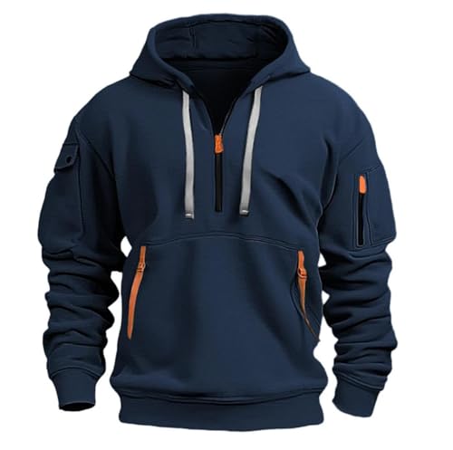 Men's Drawstring Sweatshirts Hoodies Zipper Multi-Pocket Pullover Sports Casual Warm Winter Coat