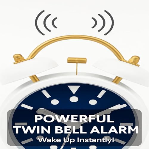 Image of STL Retro Twin Bell Alarm Clock with Night LED | Loud Bedside Alarm, Non-Ticking Silent Sweep, Metal Frame Table Clock for Students, Bedroom & Office (Sky Blue & White)
