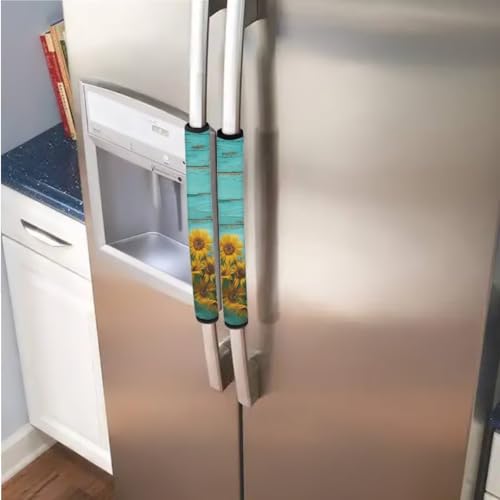 Image of Fridge Door Handle Covers Set of 6 Waterproof Antiskid Protector Decor Handles for Refrigerator, Microwave, Dishwasher, Kitchen Cabinet, Oven, Sunflower Wood Grain Teal