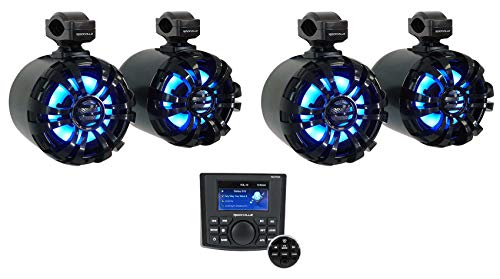 Rockville RGHR45 4 Zone Marine Gauge Hole Receiver Bluetooth/Radio/Wired Remote Bundle with (4) WB65KLED 6.5