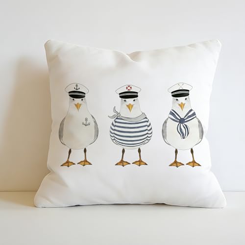 JLLBF Nautical Seagull Pillow Cover 18x18 Double-Sided Nautical Decor for Home Funny Sailor Seagull Coastal Ocean Decorative Throw Pillow Cover for Home Bedroom Couch Bed