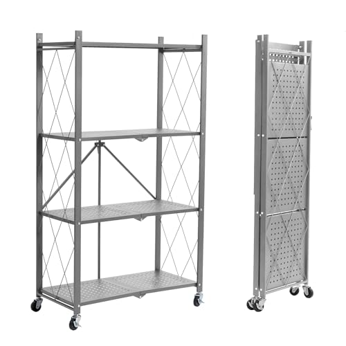 Image of BRIAN & DANY 4-Tier Foldable Storage Shelves with Wheels, Folding Metal Rack Shelving Unit, Heavy Duty No Assembly Organizer Shelf for Garage, Kitchen, Basement, Pantry, Gray