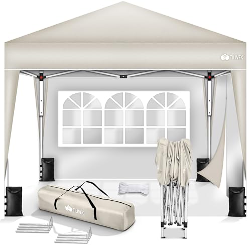 tillvex Pavillon 3x3m wasserdicht mit 2 Seitenteilen + 4er Set Sandsäcke | Pop-Up Faltpavillon stabil & höhenverstellbar | Gartenzelt UV Schutz 50+ | Partyzelt mit Tasche für Garten, Beige