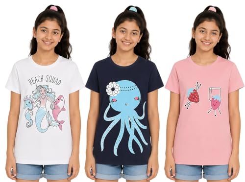 Image of Clotth Theory Girls Super Combed Cotton Regular Fit Round Neck Printed Short Sleeve Tshirt -Combo Pack of 3