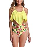 Big Fat Women Two Piece Tankini Novelty Swimsuit Hawaiian Ruffle Swimwear Bathing Suit Set 16-18 Yellow Tops + Flamingo Bottom
