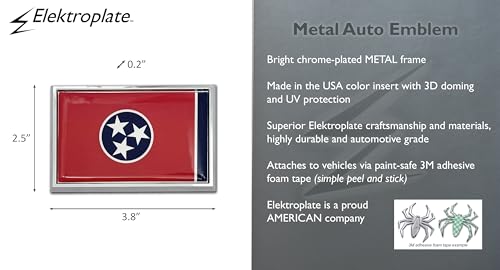 Image of Elektroplate Premium Tennessee TN State Flag All Metal Chrome Emblem for Cars, Trucks, and All Auto | Universal Fit at 2.5 inch x 3.8 inch | Weatherproof