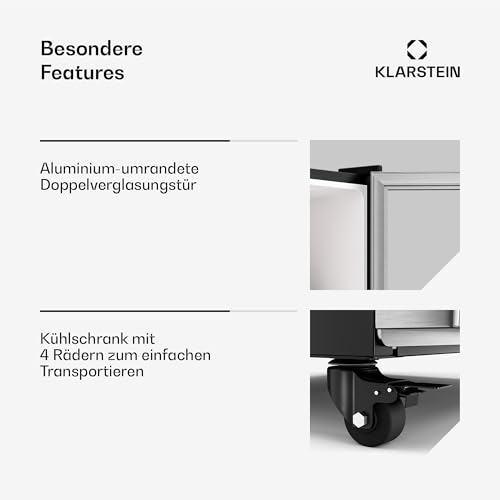 Klarstein GrandCooler 306L Getränkekühlschrank - Doppelverglaste Tür, Aluminium-Tür, LED-Beleuchtung, Mechanischer Thermostat, 0 °C bis 10 °C, 4 Räder, Energieklasse B