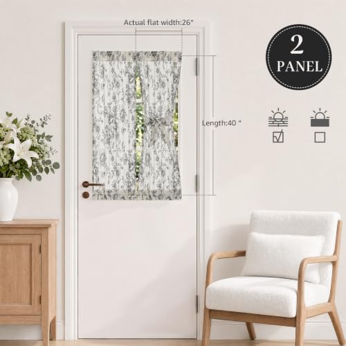 Image of jinchan Floral Sidelight Curtains for Front Door, 26x40, 2 Panels | 25% linen blend, black floral print, light filtering, rod pocket, tiebacks, washable, for front door sidelights