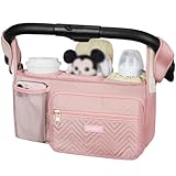 Universal Stroller Organizer with Insulated Cup Holder,Stroller Caddy Bag with Wet Wipes Pocket,Stroller Accessories Fits for Uppababy,Doona,Jogger,Britax,Mompush,BoB Strollers,Pink