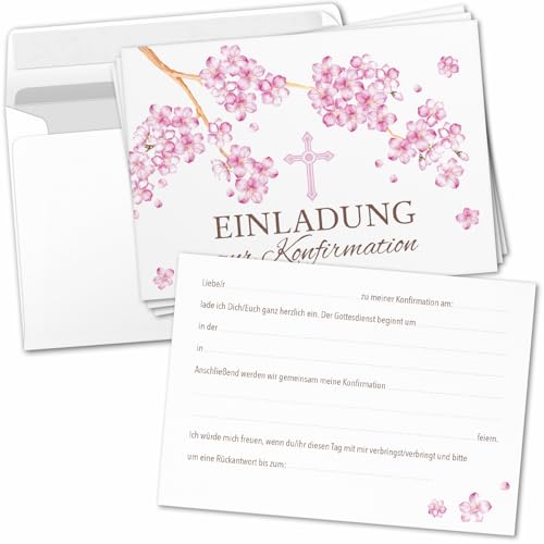 8 Einladungskarten Einladung Konfirmation mit Umschlag zum selber ausfüllen - Kirche Konfi Einladungen Postkarten Umschläge Modern Kirschblüte