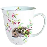 Ambiente Porzellan Tasse ca. 400ml Becher Bone China Mug Für Tee Oder Kaffee Herbst Winter Weihnachten Hedgehog In Winter
