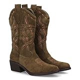 shoes&blues.es 95117 Bota Cowboy para Mujer de Cana Media Decorada con Bordados. Tacon Ancho y Punta Fina.Temporada Otono Invierno. Verde Talla 39