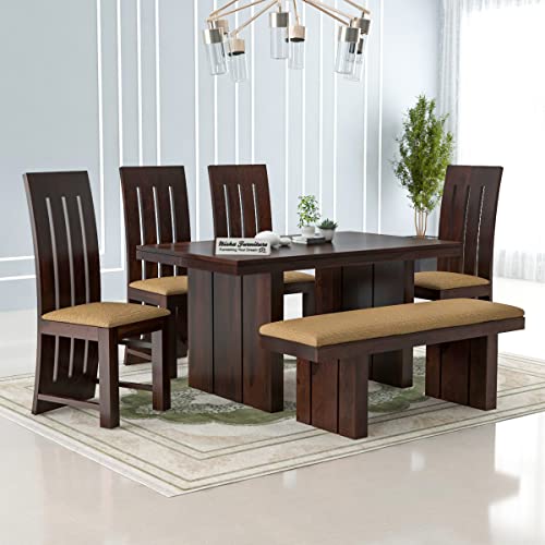 Image of Solid Wooden Dining Set 6 Seater Dining Table with Chairs | Sheesham Wooden Dining Table with 4 Chairs and 1 Bench for Home and Hotels | Six Seater Dining Set in Walnut Finish