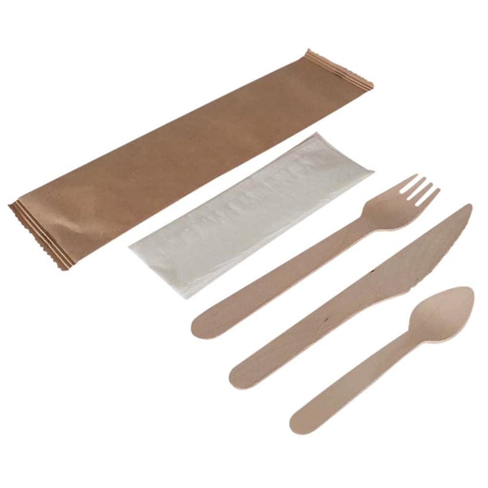 Kit Couverts 4/1 écologique (Couteau + Fourchette + Petite cuillère + Serviette) en Bois Usage Unique, Emballage Kraft, Lot de 250 pièces