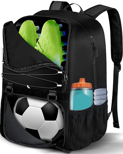 LOINTET Youth Soccer Bag, Soccer Backpack with Ball Compartment, Sports Equipment Training Bags Fits Basketball Football Volleyball and Accessories, Black