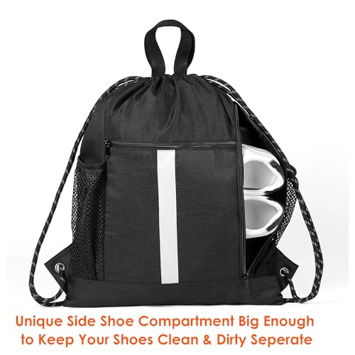 Image of BeeGreen Mix-Black-Drawstring-Backpack-Bag, Large String Sack with Shoe Compartment and Two Side Mesh Pockets Lightweight Sturdy For Gym