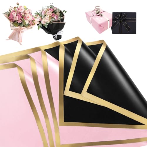 20 Blatt Flower Bouquet Wrapping Paper Floral Geschenkpapier Koreanischer Papier Blumen Geschenkpapier BlumenEinpackpapier Muttertagsstrauß Wasserfeste Blumen Papier mit Goldenem Rand, 2 Farben(58cm)