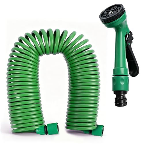 Spiralschlauch 15m - Flexibler Wasserschlauch mit 8-in-1 Brausekopf Automatisch Ausziehender Spiralschlauch Wasser für Gartenarbeit & Autowäsche