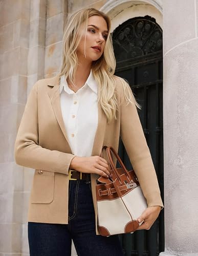 GRACE KARIN Women's Casual Knit Sweater Blazer 2025, Work Business Long Sleeve Sweatshirt, Open Front Dressy Cardigan XL Camel — view 4