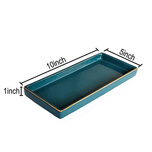 10 x 5 Ceramic Bathroom Tray for Countertop, Decorative Vanity Tray for Dresser Tops, Small Rectangular Trays for Perfume, Candle, Jewelry, Cosmetics (Green)
