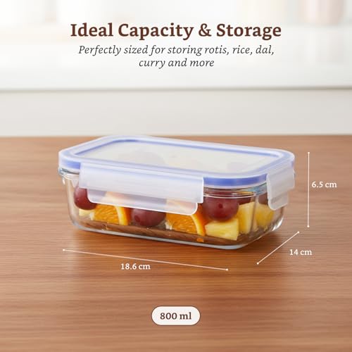 Image of Amazon Brand - Solimo Rectangular Glass Food Storage Container, 800 ml - Set of 3, Airtight, Microwave & Freezer Safe, Transparent