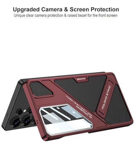 Image of Midkart Leather Case Compatible with Samsung Galaxy S25 Ultra Hidden Kickstand Cover Hard PC with Camera Protection, Red & Black