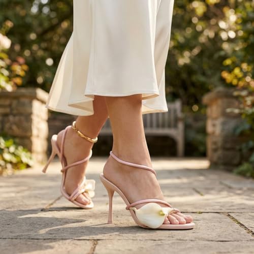Image of Flower Heels for Women Calla Lily Strappy Slip On Open Toe Wrap Around Floral Stiletto Sandals High Heel Party Dressy Sandals