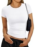 Trendy Queen Women's Short Sleeve Crop Tops Soft Stretchy Basic Tees Non See-Through Slim Fit Crewneck T-Shirts White S