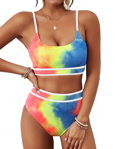 Image of BMJL Women's High Waisted Bikini Ribbed Two Piece Swimsuit High Cut Color Block Adjustable Straps Bathing Suit