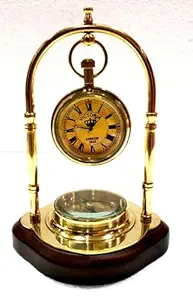 LINE WOOD - Nautical Brass Table Clock Desk Clock Watch with Wooden Base Direction Compass Victoria Style for Home & Office, Study, Living Room Decor(6 Inch - Shinny Brass)