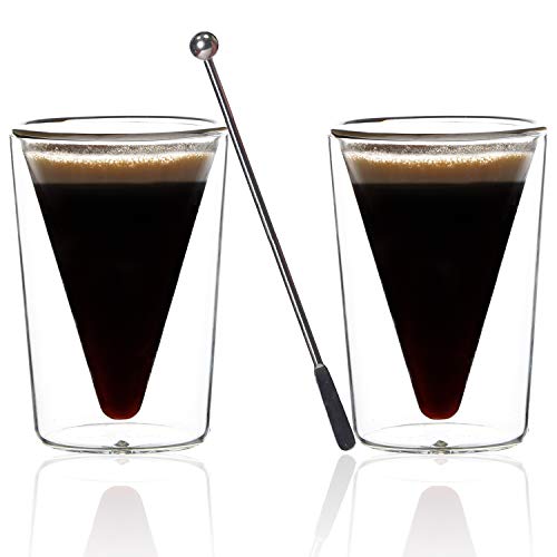 VESPESO Double Wall Espresso Cups Set of 2 - Thicker Thermo Insulated 3 Ounce Borosilicate Shot Glasses - Plus Steel Stirrer