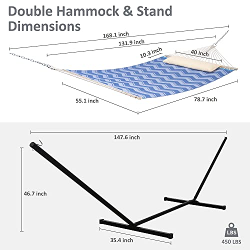 Suncreat Two Person Hammock With Stand Included, Patio Heavy Duty Hammock For 2 Person, 450 Lbs Capacity, Blue Waves #TOP2
