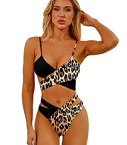 Bikinis Leopardo Talle Alto Mujer Push Up Bañadores Mujer Bañador Natacion Mujer Tankini Gordita Conjunto Bikini Playa Cintura Alta Talle Grande Trikini Swimwear Women Traje de Baño Mujer Negro XL