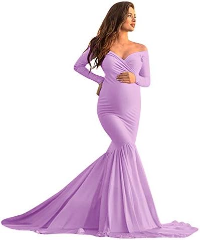 Women's Off Shoulder Maternity Mermaid Dress Slim Cross-Front V Neck Long Sleeve Stretchy Pregnancy Photography Fancy Party Wedding Evening Maxi Gowns for Photoshoot Lavender L