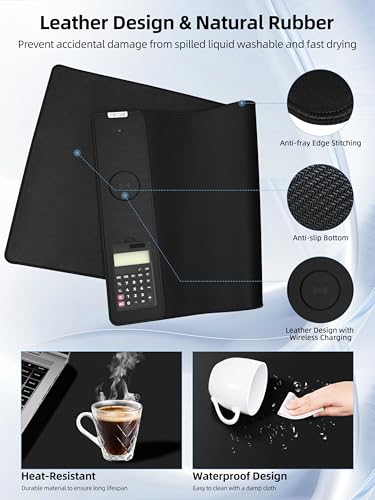 Image of Mouse Pad 31.5x15.75 Inch with Calculator, 15W Magnetic Wireless Charging Desk Mat, XXL Desk Pad, Home Office Large Keyboard Pad with Ultra-Smooth Surface, Non-Slip Base (Black with 20W PD Charger)