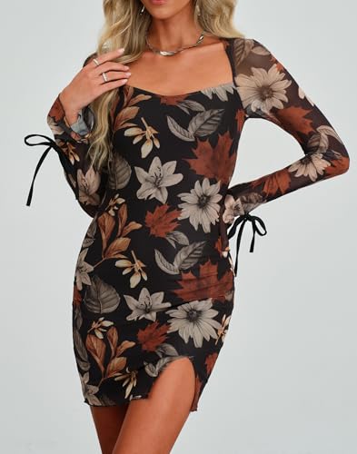 Image of HYPERFIRE Women's Mesh Long Sleeve Square Neck Split Hem Party Club Cocktail Bodycon Mini Dress