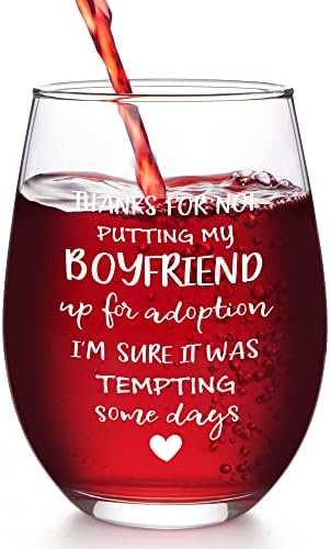Modwnfy Mothers Day Gifts, Thanks for Not Putting My Boyfriend Up for Adoption Stemless Wine Glass, Boyfriend Mom Gifts for Mothers Day Christmas Birthday Engagement, Boyfriend Mom Christmas Gifts