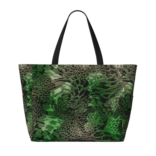 Green Snake Print Roomy Beach Tote Bag For Women, Large Travel Bag For Weekend Travel,Pool2
