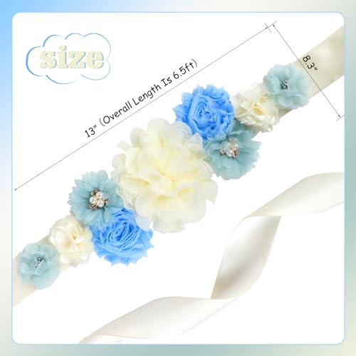Image of Blue Ivory Boho Baby Shower Maternity Sash - Dusty Blue Flower Theme Baby Shower Belly Belt, Mom to Be Photo Props Party Decorations
