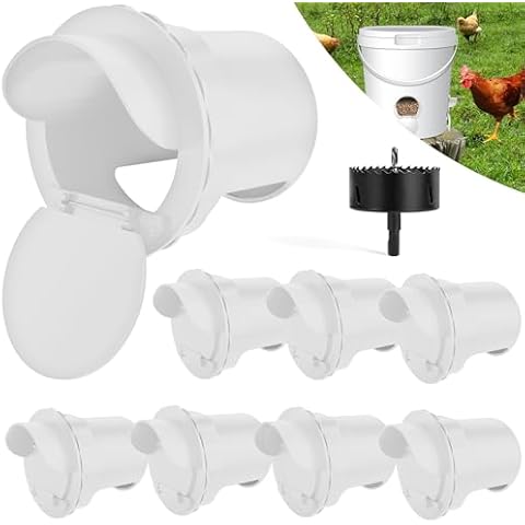 Chicken Feeder Ports, Poultry No Waste Ports Kit with Stopper 8 Ports 1 Hole Saw, DIY Automatic Reusable Coop Feeders Rain Proof Gravity Feeding Geese Duck Hens Rooster for Bucket Barrel Bin (White) Cover