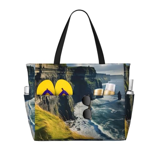 Grand sac fourre-tout d'été imprimé falaises de Clare, l'élégance noire grand format