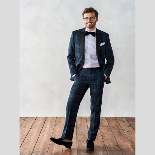 Leisure Mens Green Plaid Blazer 2 Pieces Vintage Checkered Wedding Prom Grooms Tuxedo Suits Jacket Pants Set3