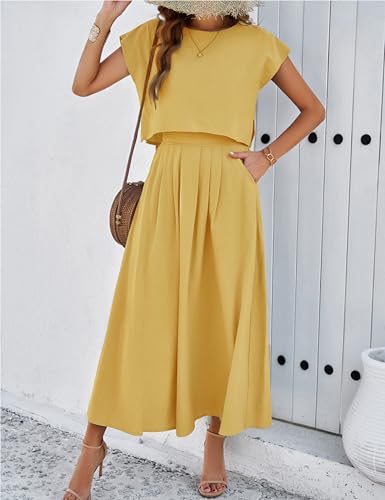 Image of HangNiFang Summer Skirt Sets Women 2 Piece Outfits Cap Sleeve Top Elastic Waist Maxi Dress Sets with Pockets