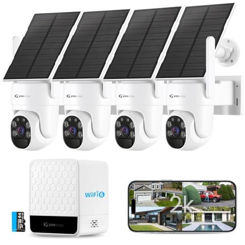 yeewise Cámaras de seguridad solares inalámbricas para exteriores, kit de 4 cámaras, sin suscripción, sistema de cámaras de seguridad para el hogar de 4 MP con giro e inclinación de 360°, visión