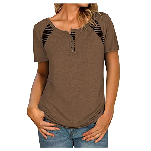 Eaktool Black Lace Shirt, Fashion Womens Loose Short-Sleeved Striped Print Round Neck Casual T-Shirt Tops Dressy Casual White Tops for Women Dressy Womens Dressy Tops Womens Sexy (L, Coffee)