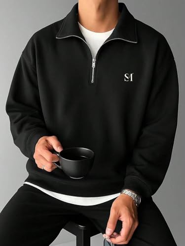 Image of SMOWKLY Men's Half Zip Sweatshirt | Oversized Winter Wear for Men | Mock Neck Quarter Zip Pullover | Full Sleeve Fleece Sweatshirt | Casual Streetwear | Warm Cotton Blend Upperwear for Men